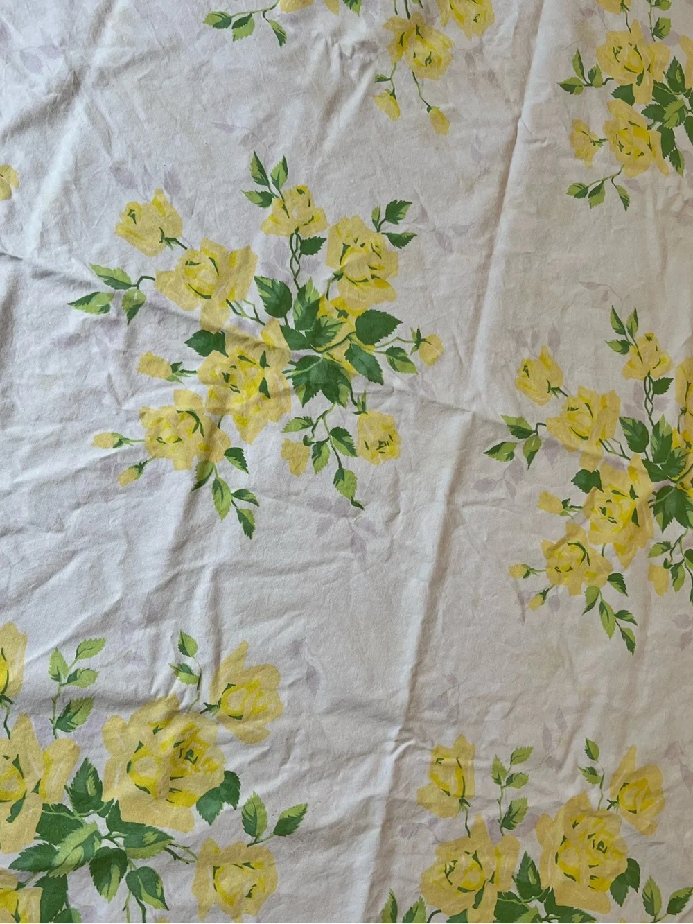 Vintage Yellow Rose Floral Tablecloth -  White Background pale lavender leaves